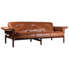 Mid-Century Brazilian Sofa in Brown Leather and Rosewood by Percival Lafer