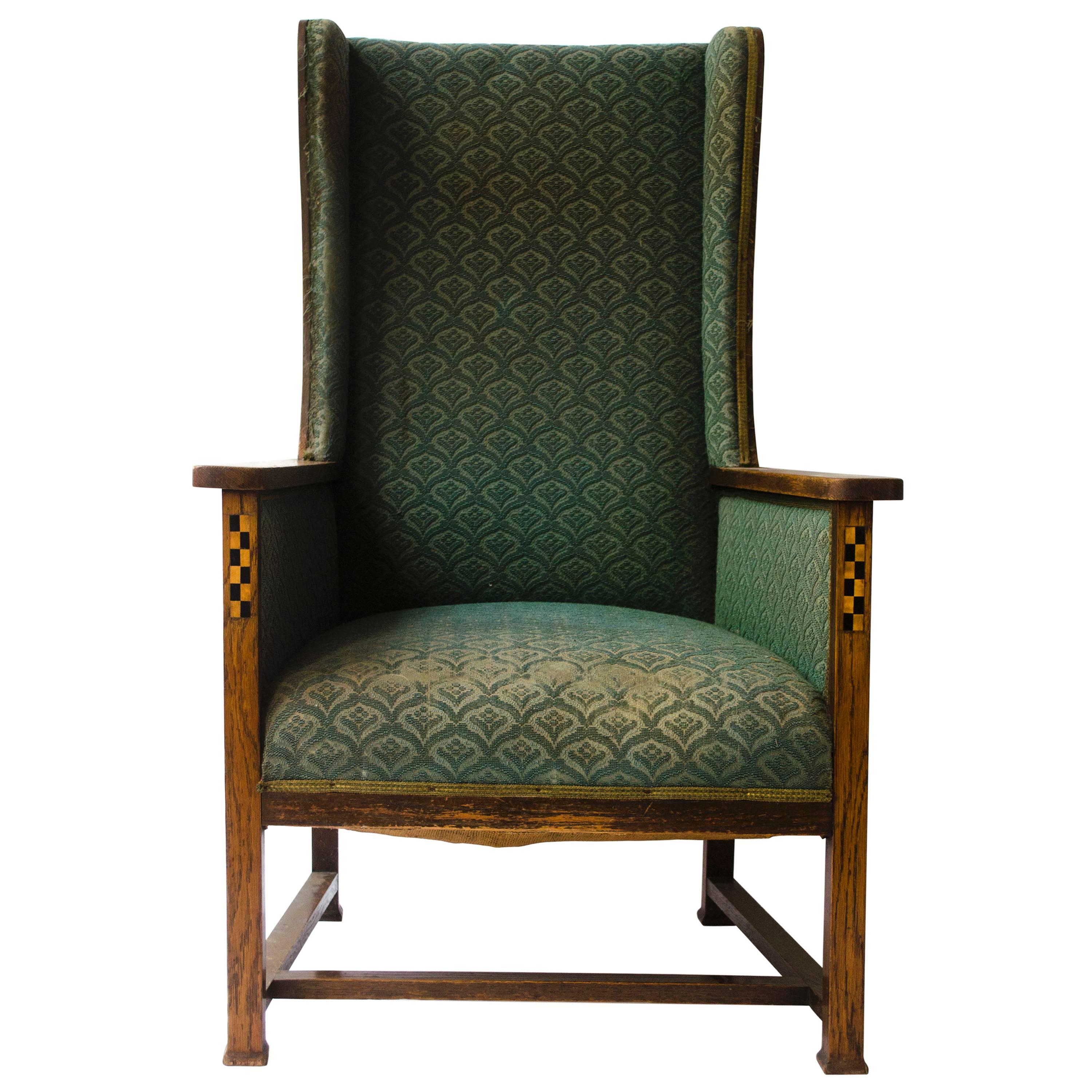 M H Baillie Scott. Arts & Crafts Oak Armchair with Chequer Inlays To The Arms For Sale