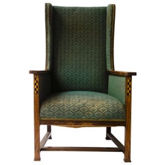 M H Baillie Scott. Arts & Crafts Oak Armchair with Chequer Inlays To The Arms