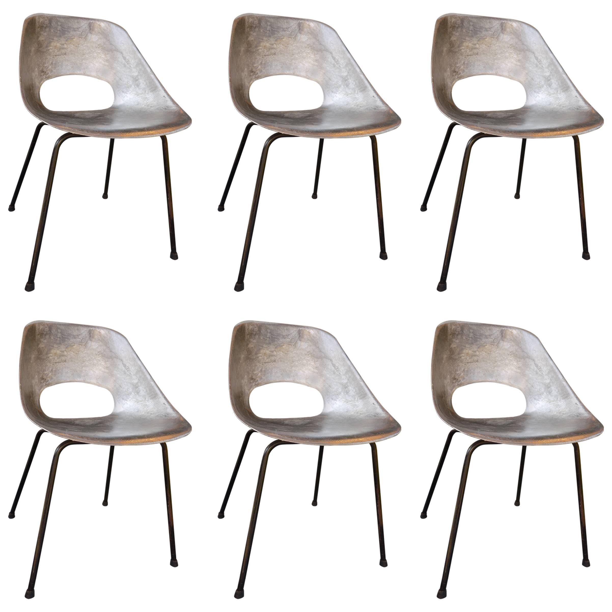 Set of Six Molded Aluminum Chairs by Pierre Guariche, France, 1950s