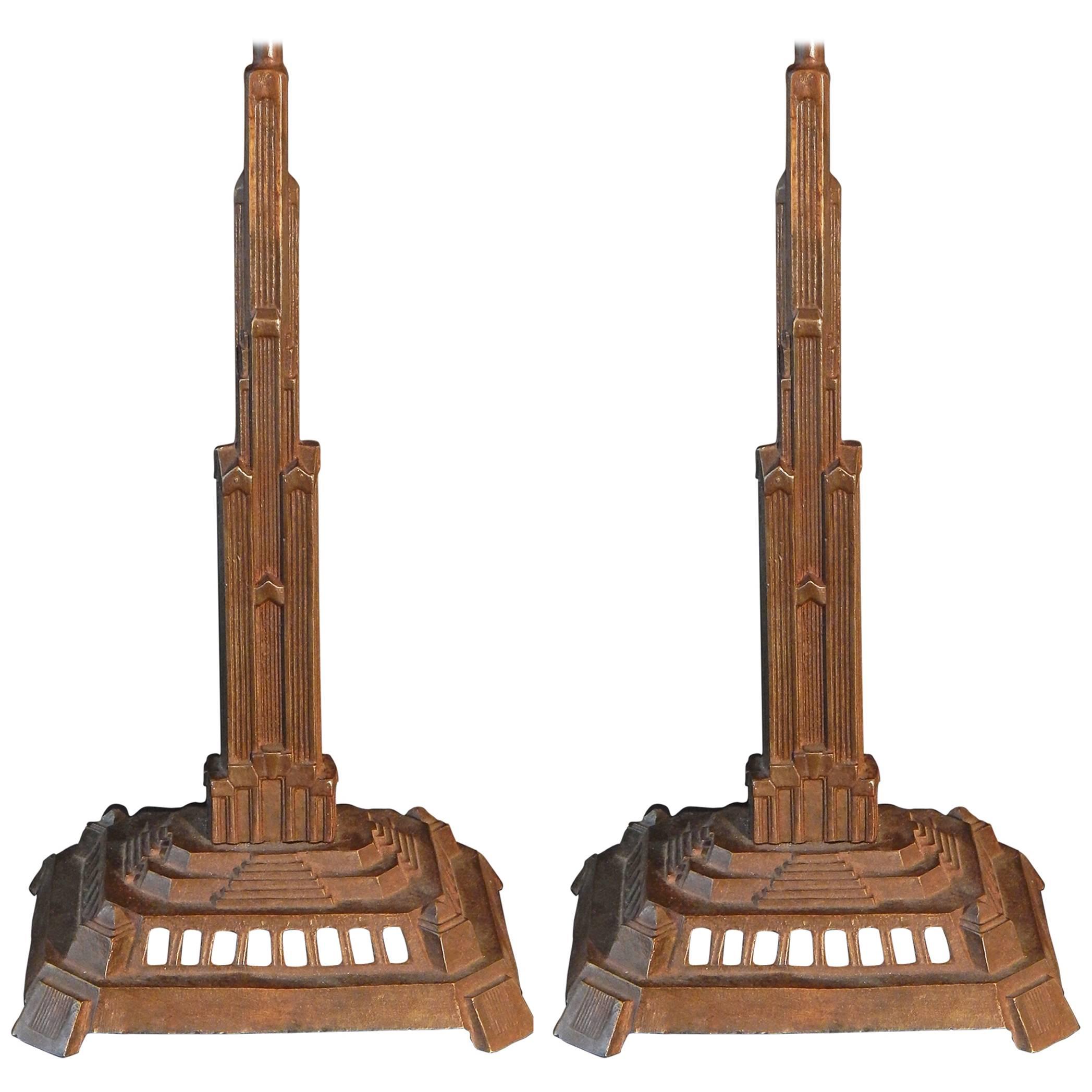 Pair of Bronze Art Deco Skyscraper Lamps, Antique and Highly Rare For Sale