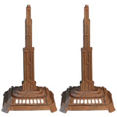 Rare Bronze Art Deco Skyscraper Lamps, Pair, 1920s