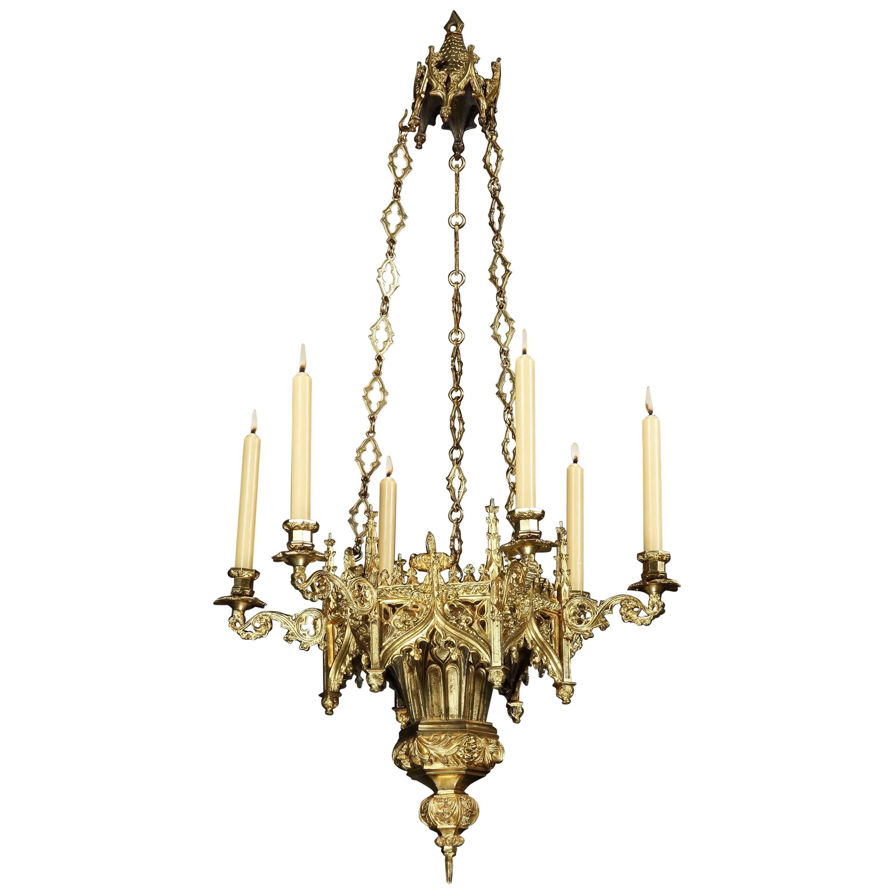 Louis XVIII Six-Light Gothic Brass Chandelier For Sale