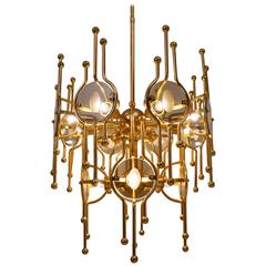 Sciolari Chandelier Twelve Lights, Gold Gilt and Glass, 1970s, Italian