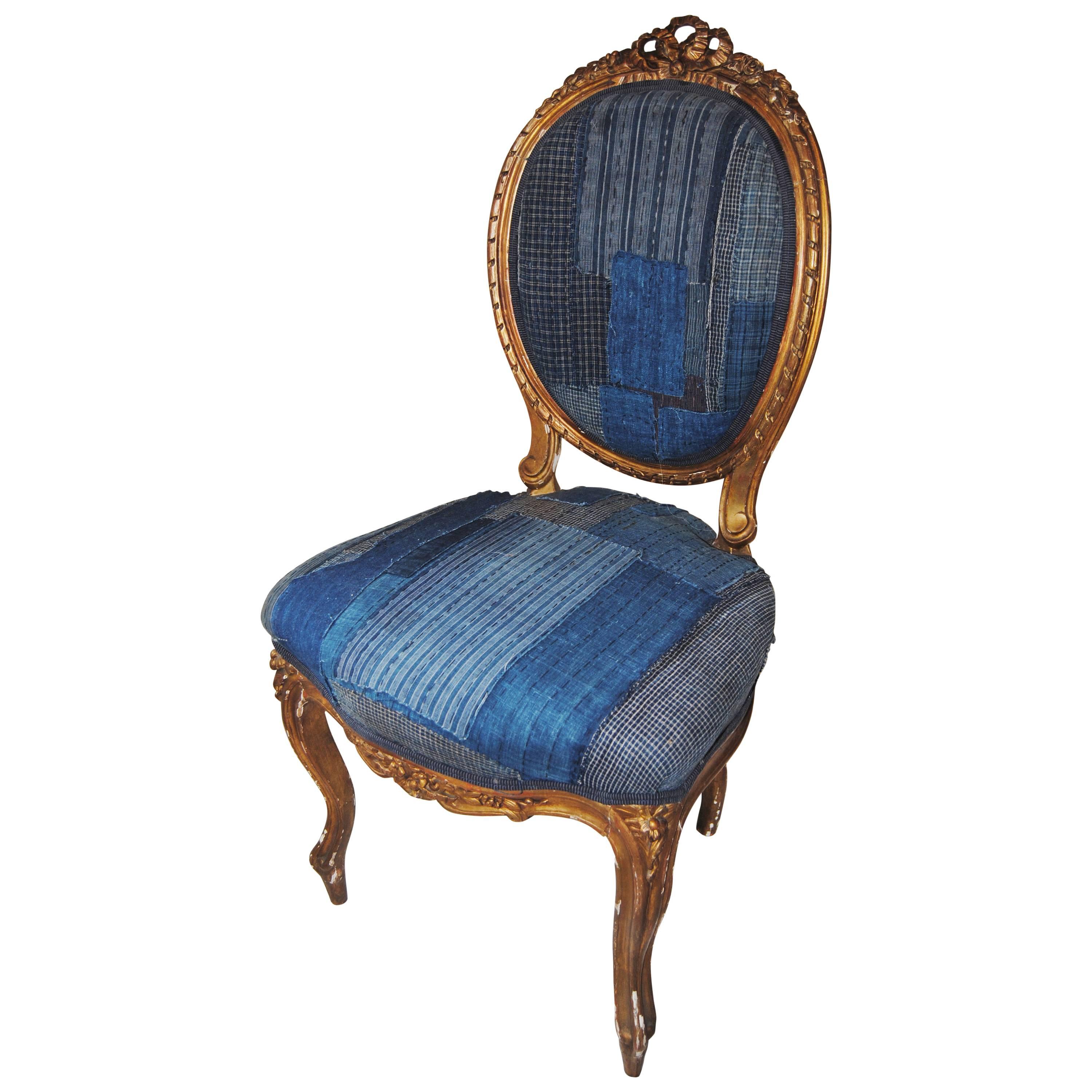 Antique French Gilt Chair Upholstered in an Antique Japanese Indigo Boro Textile For Sale