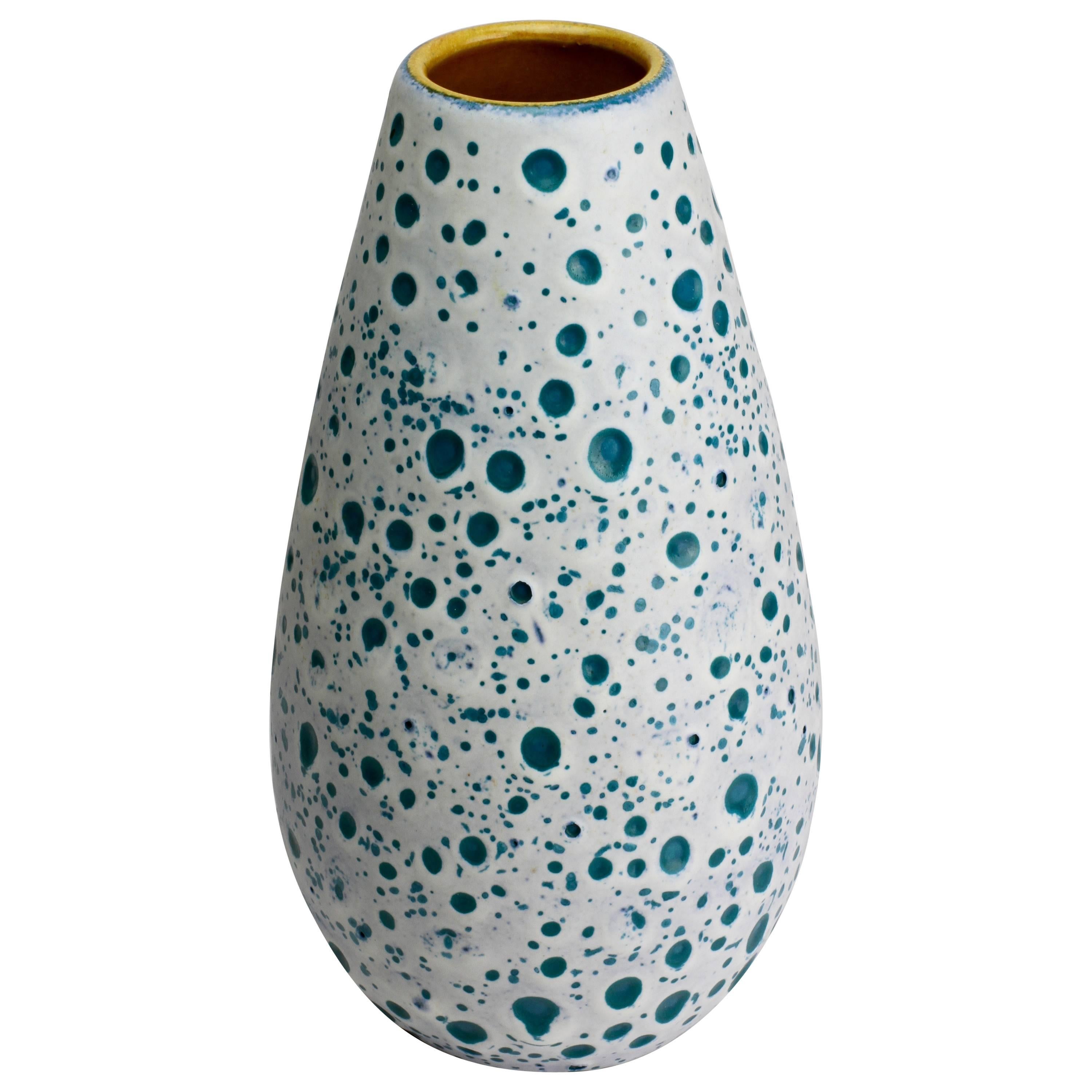 Beautiful West German Turquoise and White Moon Crater Vase by Ü-Keramik, 1960s