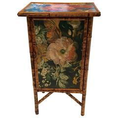 Antique Lovely English Bamboo and Decoupage Nightstand Chest