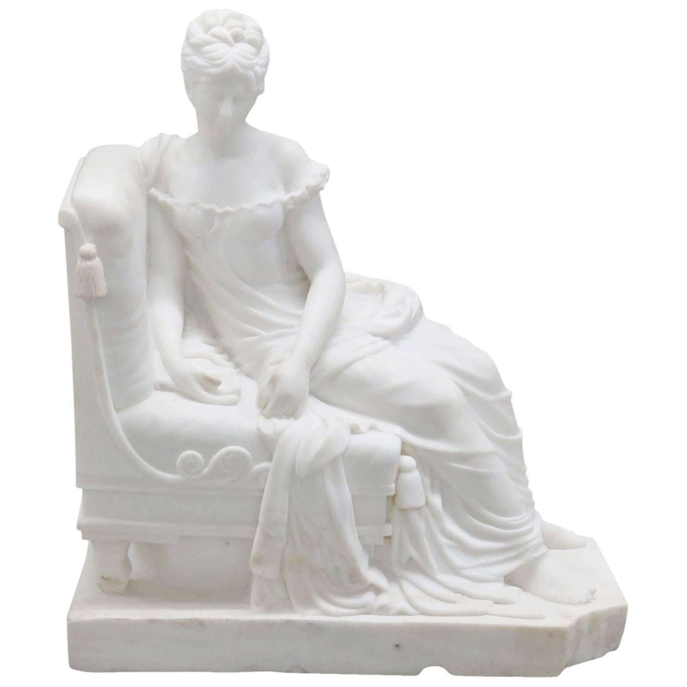 Large French 19th Century Carrara Marble Statue Reclining Lady in Period Dress
