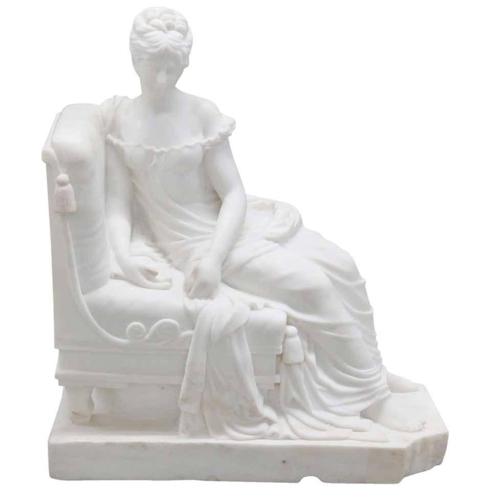 Large French 19th Century Carrara Marble Statue Reclining Lady in Period Dress For Sale