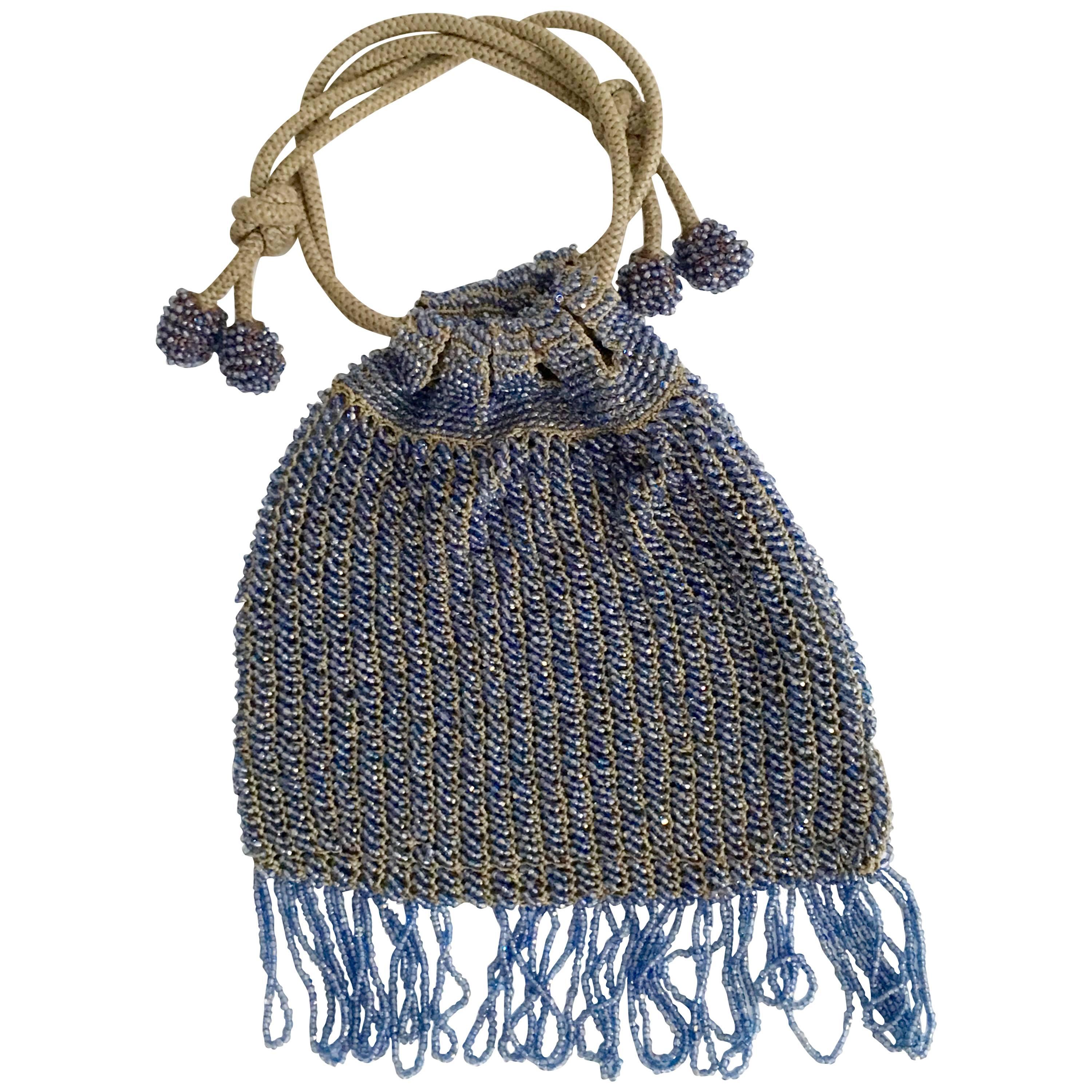 1930s Hand Beaded Flapper Drawstring Evening Bag For Sale