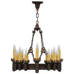 1920s Large Scale Bronze and Brass Chandelier