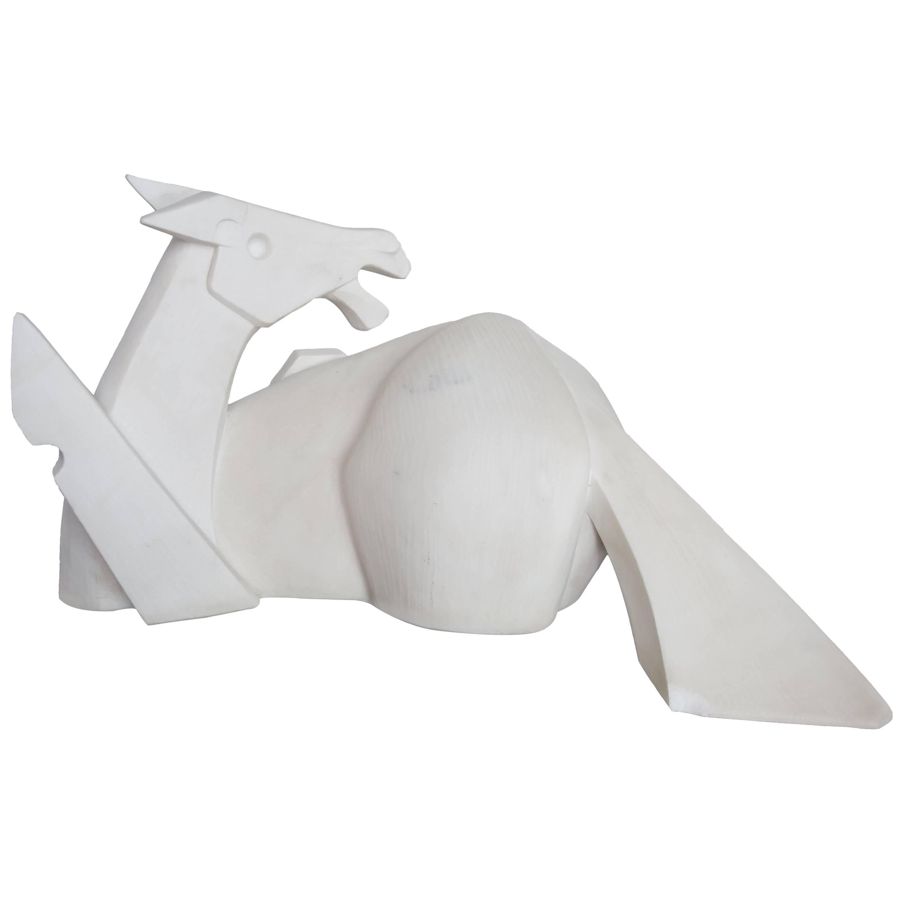 Striking White Marble Carved Horse Sculpture