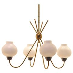 Neoclassic French Mid-Century Bicolored Brass and Opalescent Glass Chandelier