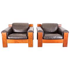 Pair of Mid-Century Wood and Leather Lounge Chairs