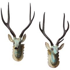 Pair of Folk Art Hand-Painted Mounted Deer Heads