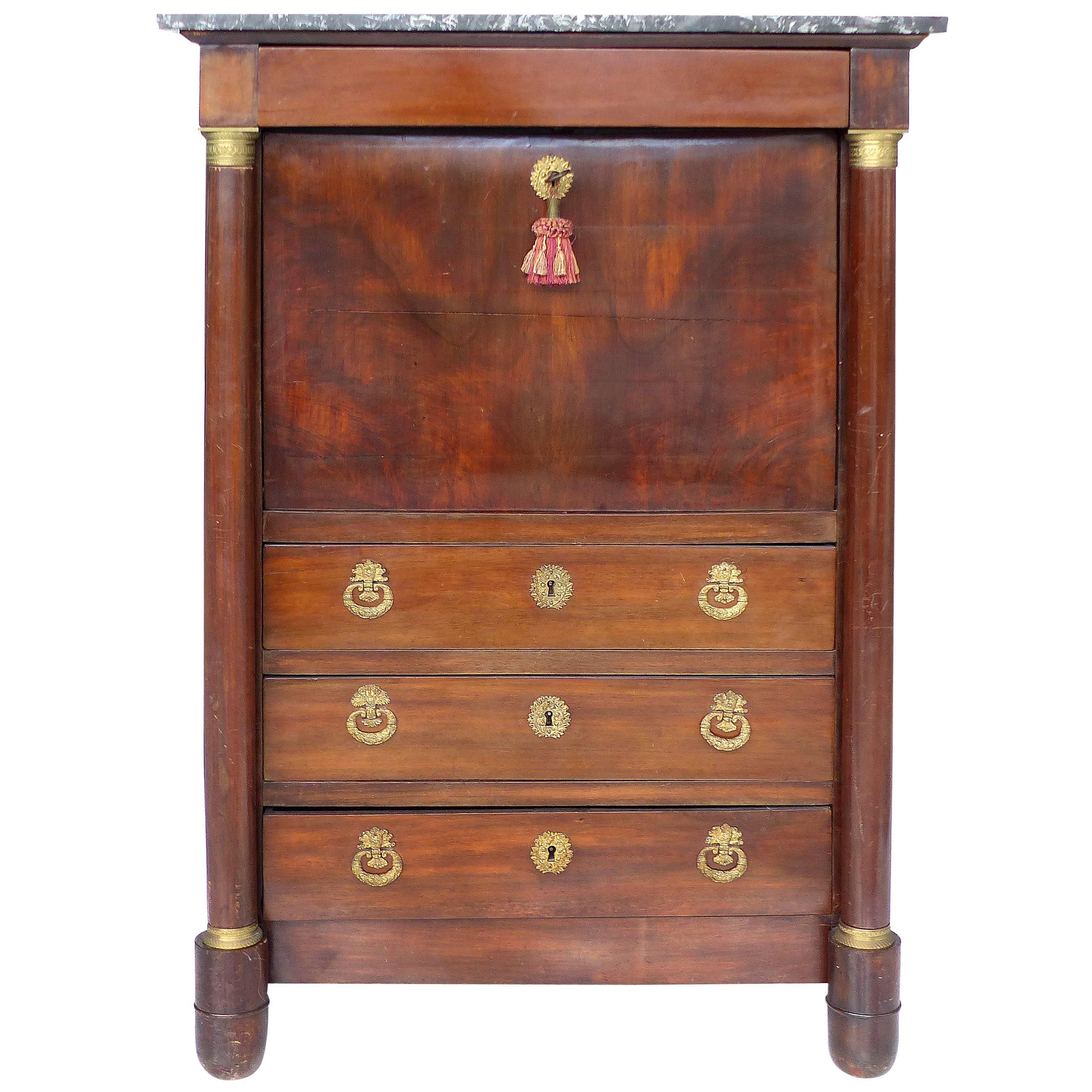 19th Century French Empire Drop Front Secretary with Bronze Mounts