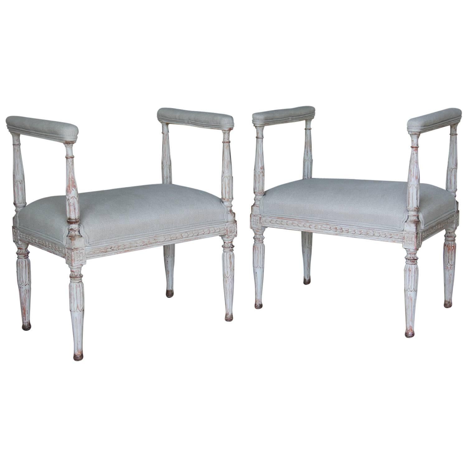 Swedish Gustavian Antique Pair Window Seat Benches with Armrests, 19th Century