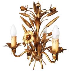 Vintage Mid-Century Italian Three-Branch Gilt Wheat Sheaf Chandelier