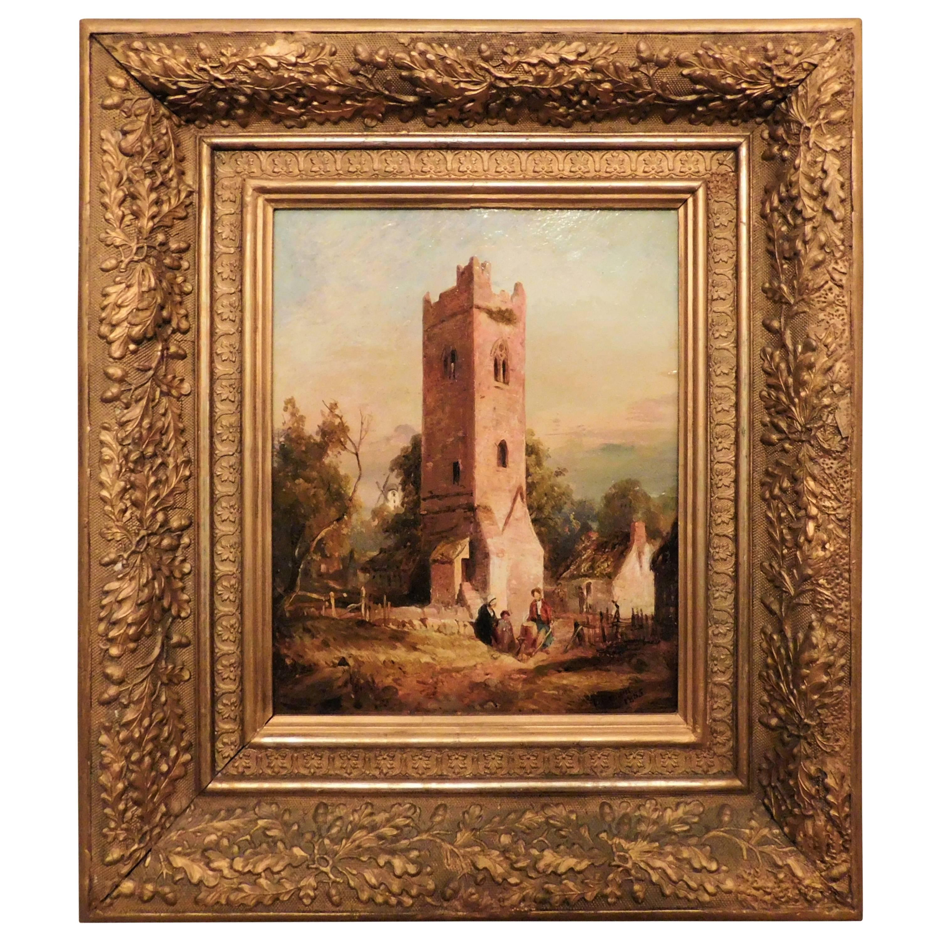 Oil on Board "Old Tower at Dundalk-County Louth, Ireland" by T Brown, 1855