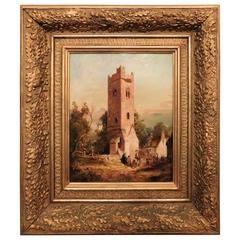 Antique Oil on Board "Old Tower at Dundalk-County Louth, Ireland" by T Brown, 1855