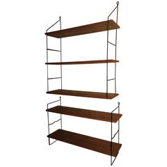 Five East German Teak and Black Painted Metal String Shelves, Mid-Century