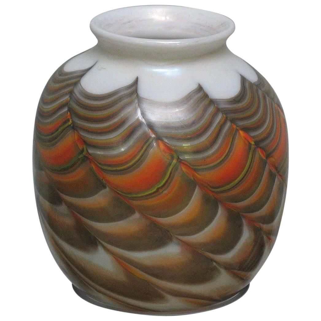 Mid-Century Vase Burnt Orange and Iridescent Gold Pulled Feather, Quezal Style