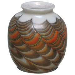 Retro Mid-Century Vase Burnt Orange and Iridescent Gold Pulled Feather, Quezal Style