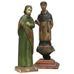 Two Spanish Colonial Santos Figures Wood Carved Polychrome Paint, 19th Century
