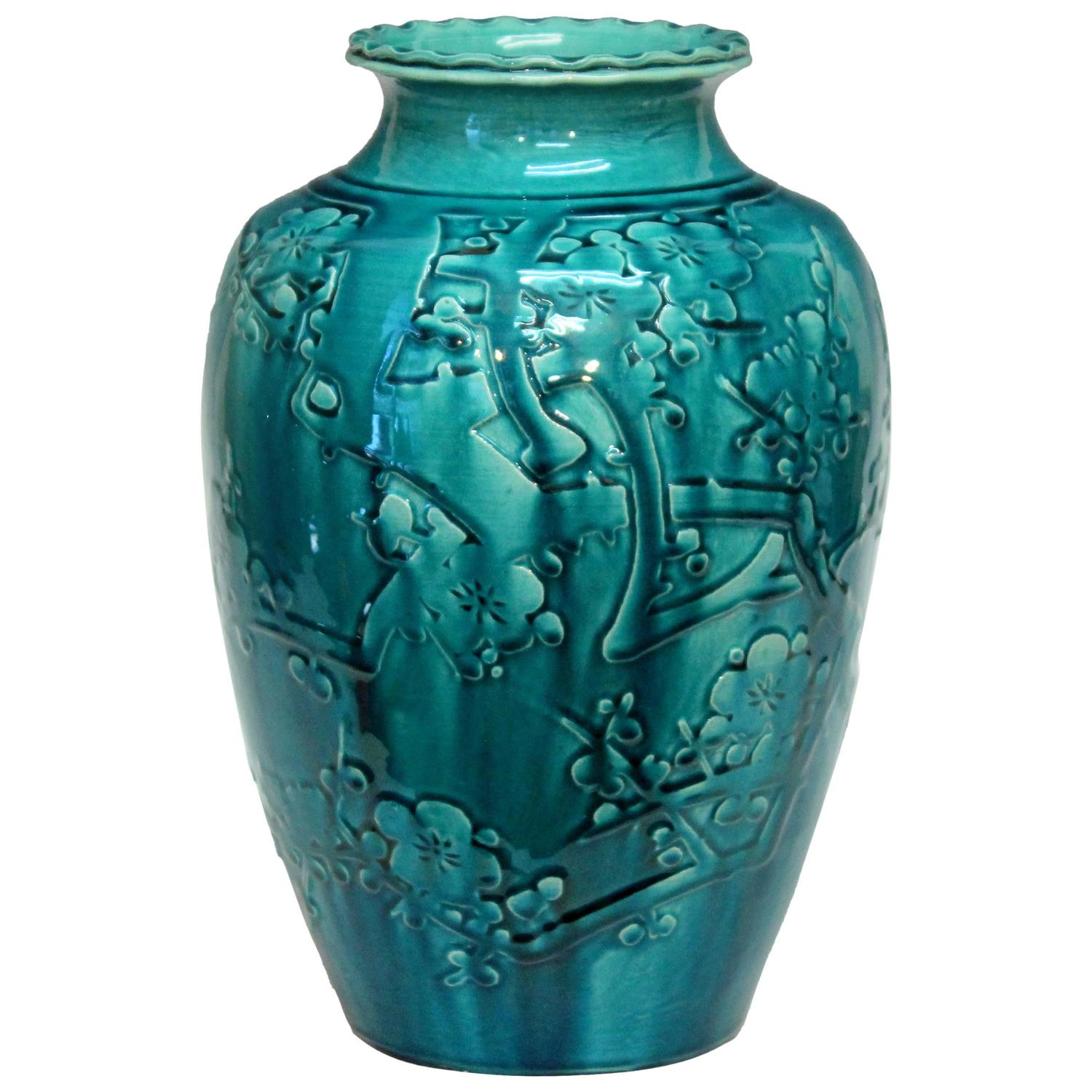 Awaji Pottery Turquoise Vase with Applied Prunus Blossom Decor at 1stdibs
