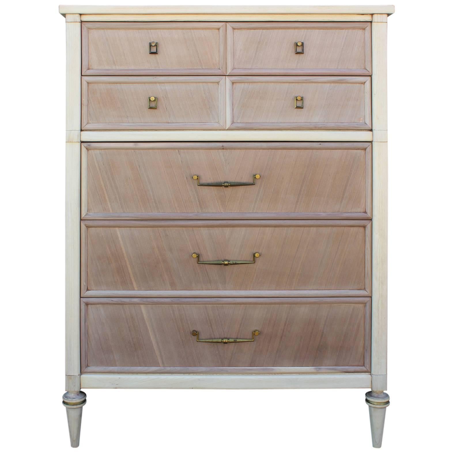 Hollywood Regency Modern Bleached Wood Tall Dresser / Chest with Brass Accents
