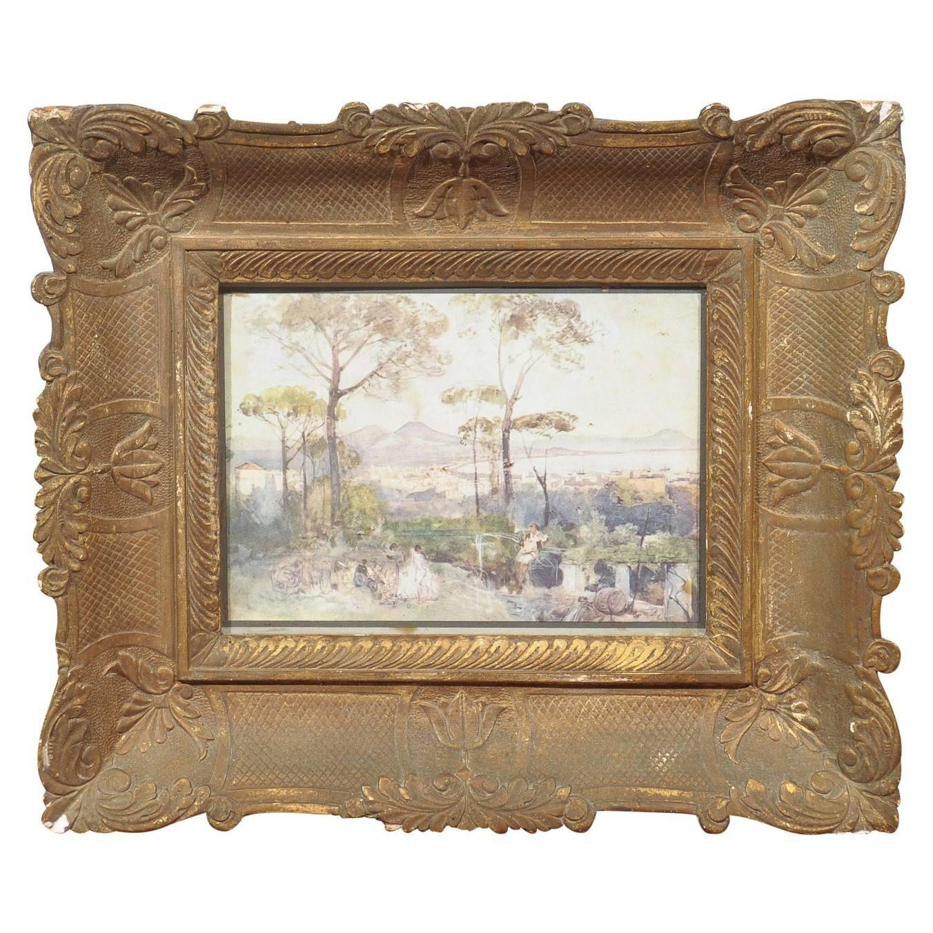 Aquarelle sur papier italienne du 19ème siècle représentant un paysage de Naples dans un cadre en bois doré