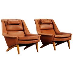 Set of Two Danish Reupholstered Lounge Chairs in Cognac Leather