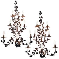 Pair of Tall Mid-20th Century Italian Seven-Light Wrought Iron Wall Sconces 1