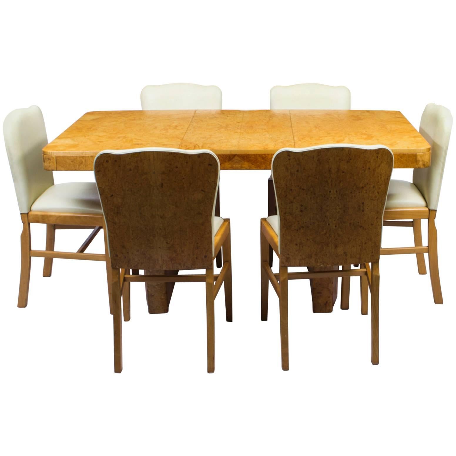 Antique Art Deco Bird's-Eye Maple Dining Table and Six Chairs