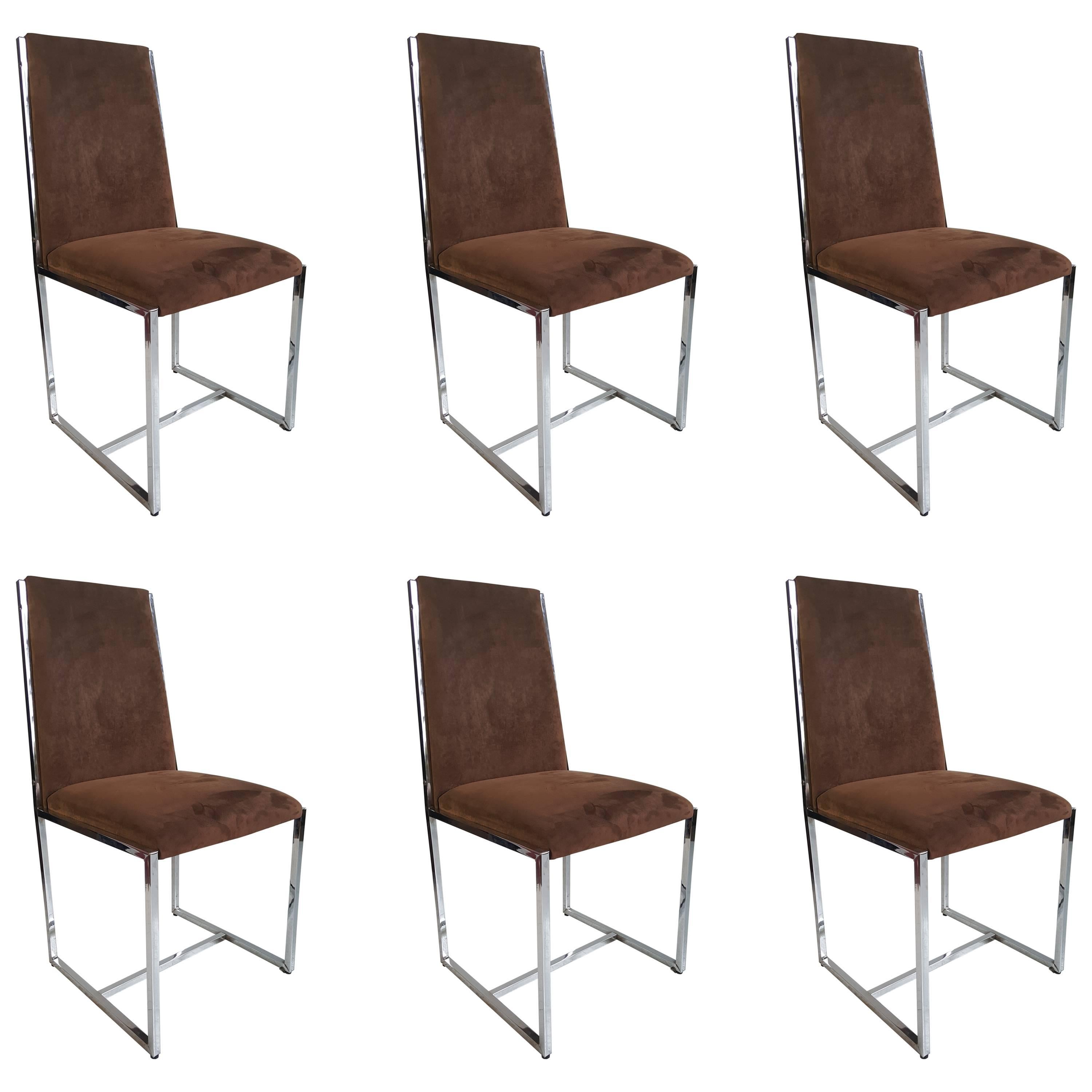 Set of Six Chrome and Fabric Dining Chairs, Manner of Milo Baughman, 1970s