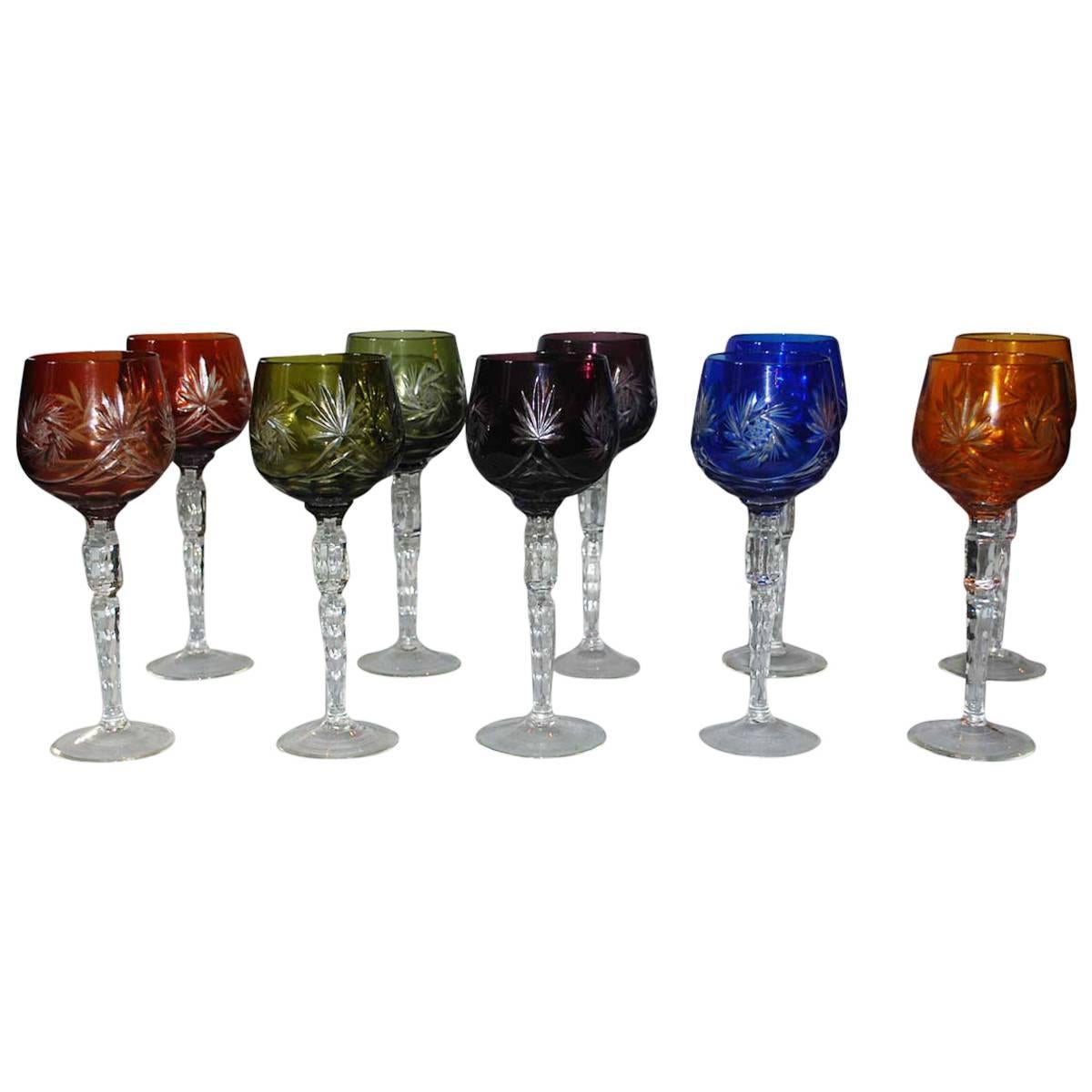 Set of Ten Bohemian Crystal Wine Goblets / Glasses