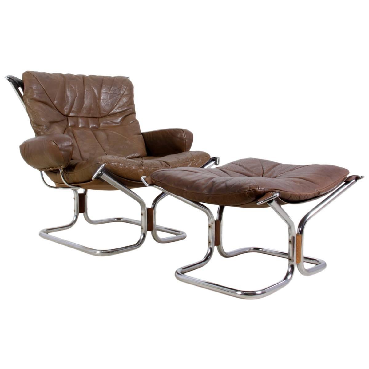 Leather Chair and Stool by Ingmar Relling for Westnofa, circa 1970