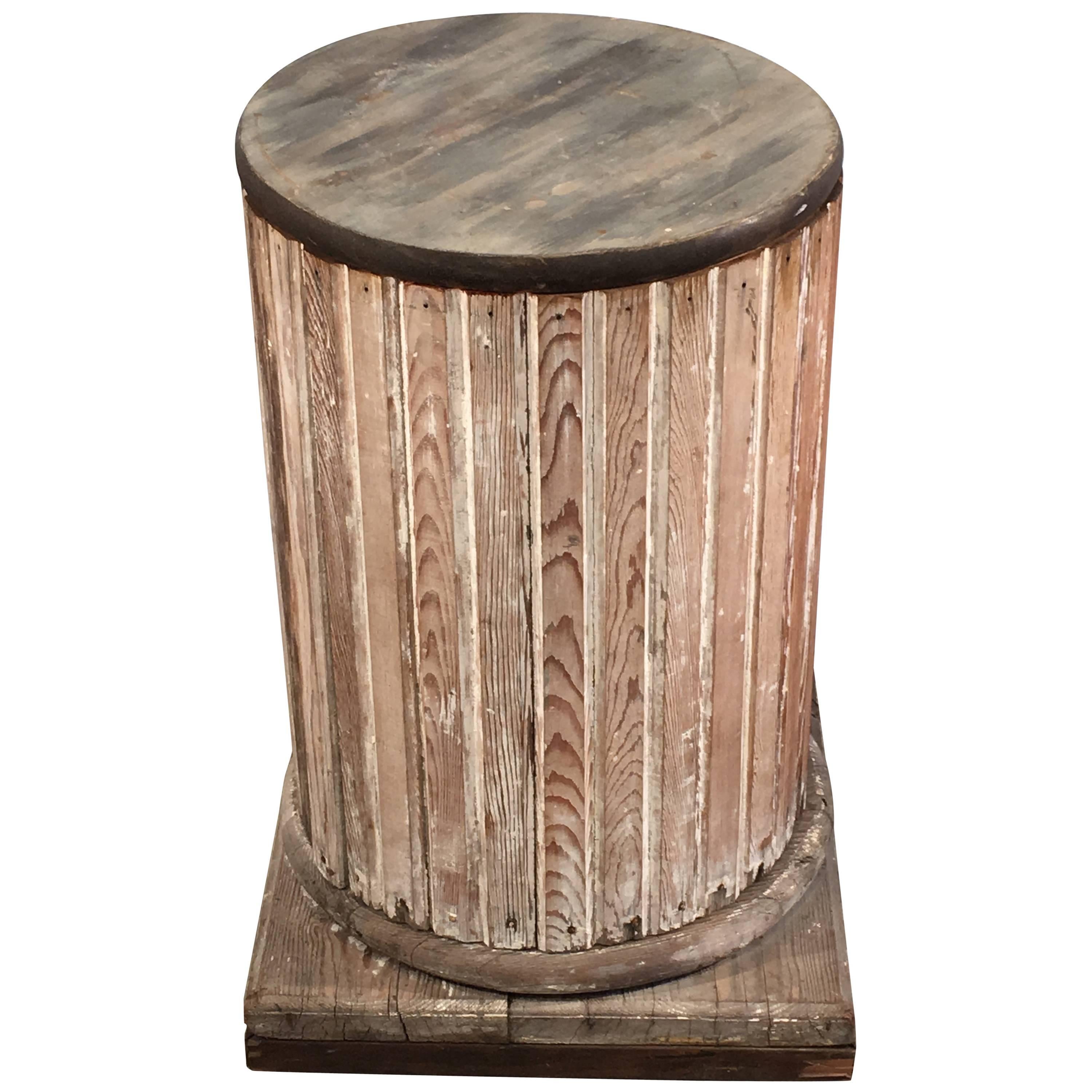 Round Fluted Wooden Pedestal with Scraped Paint For Sale