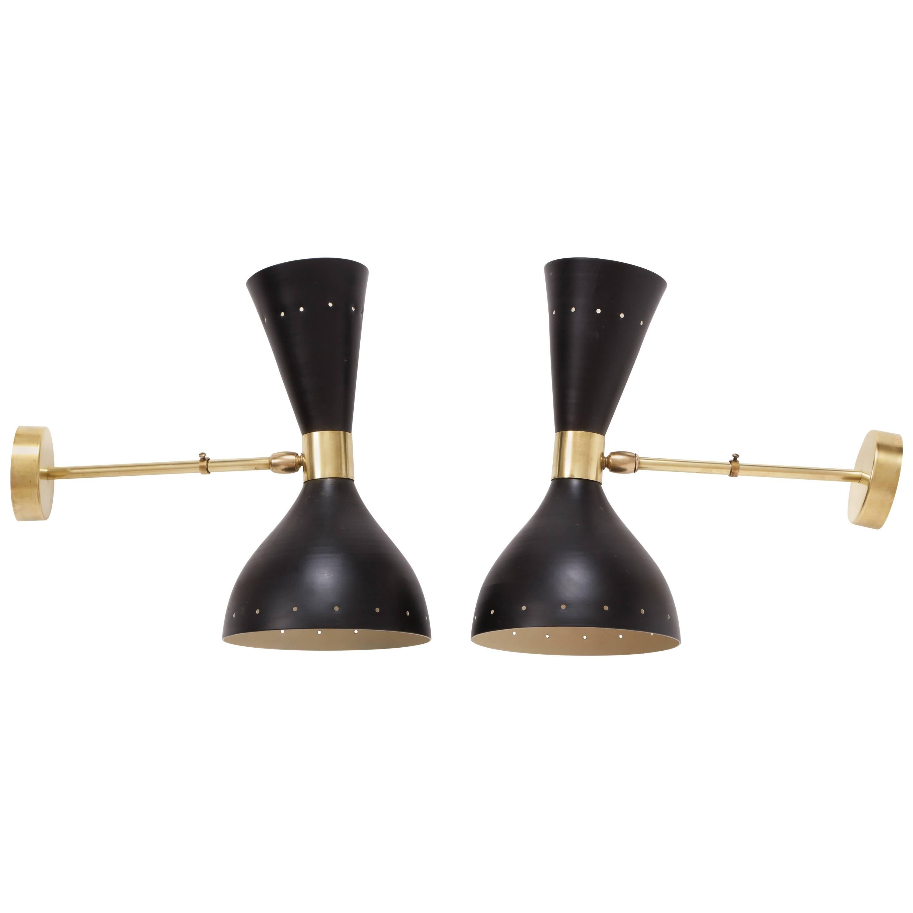 Stilnovo Style Diablo Brass Black Mid-Century Italian Wall Light Sconces, 1950