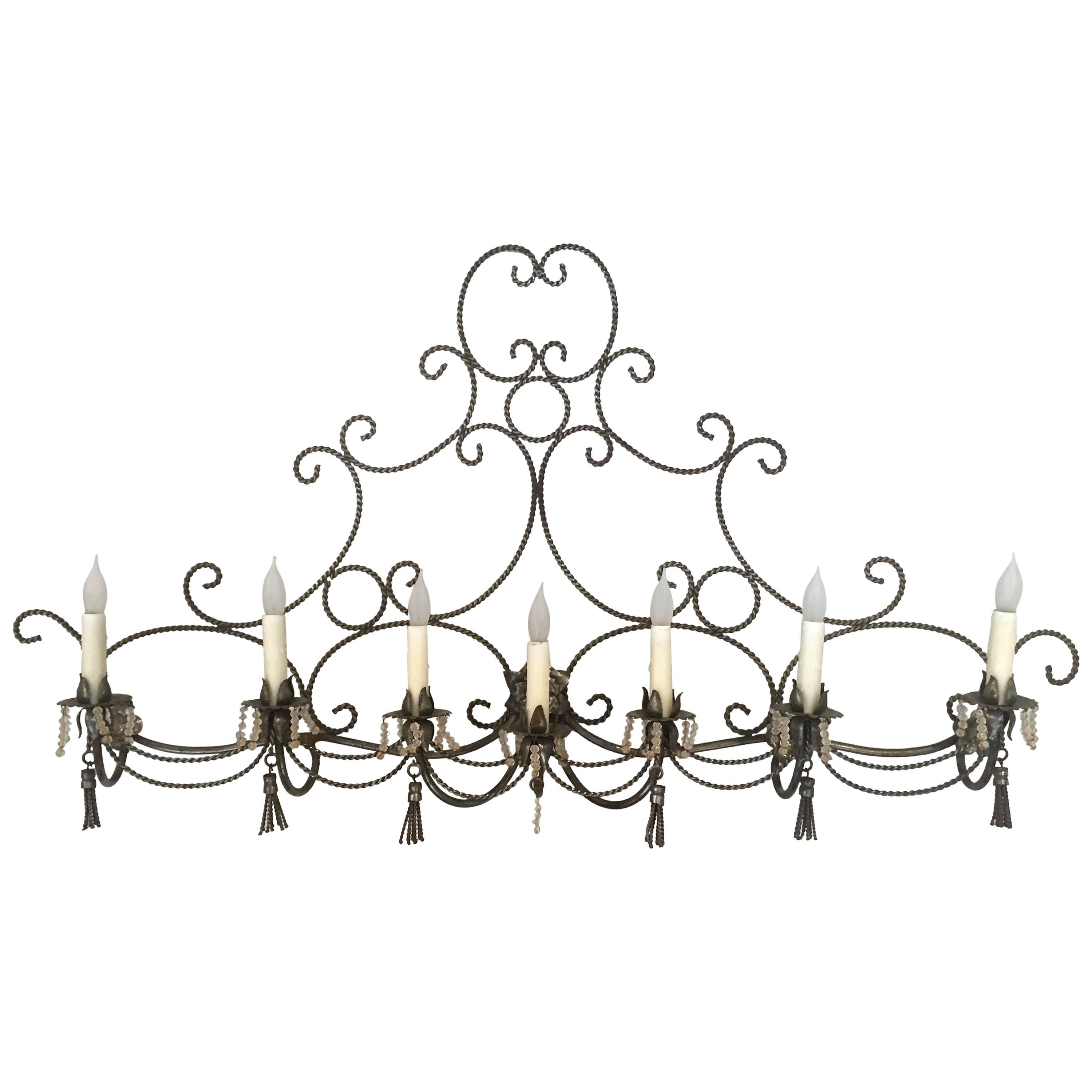 Long French Steel Six-Light Wall Sconce with Tassels and Glass Beads For Sale