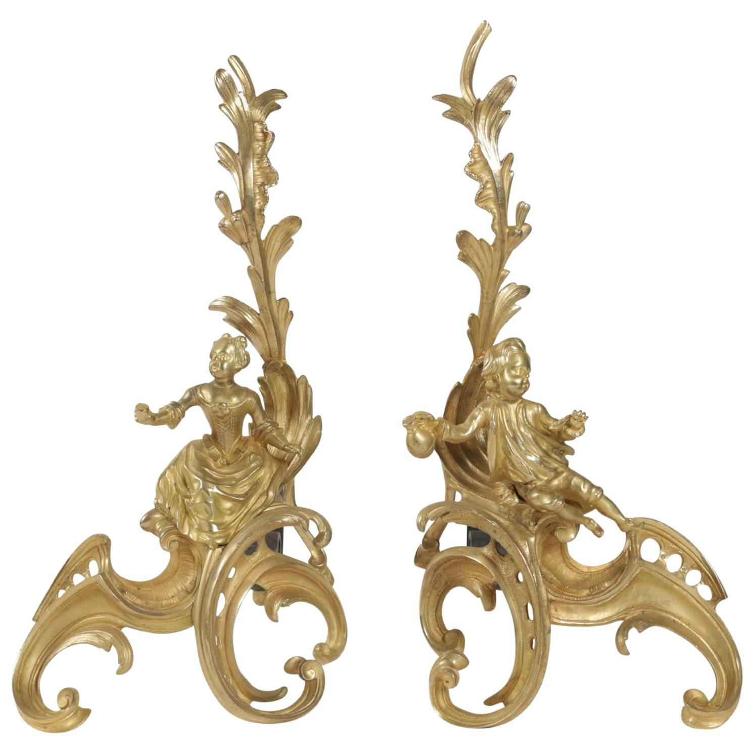 Pair of Louis XV Style Fireplace Irons in Gold Gilt Bronze from the 19th Century
