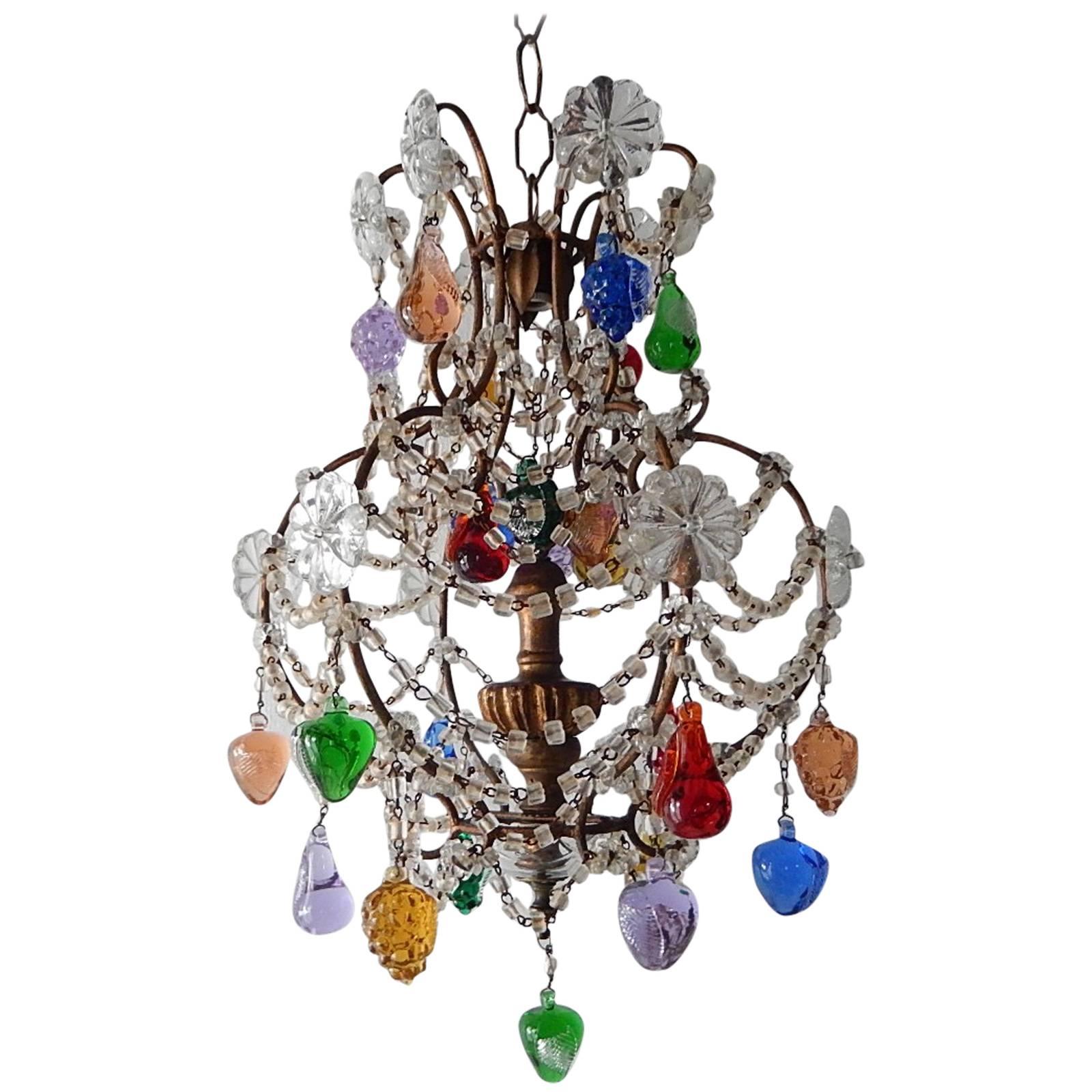 Italian Murano Fruit Giltwood Crystal Macaroni Beads Chandelier