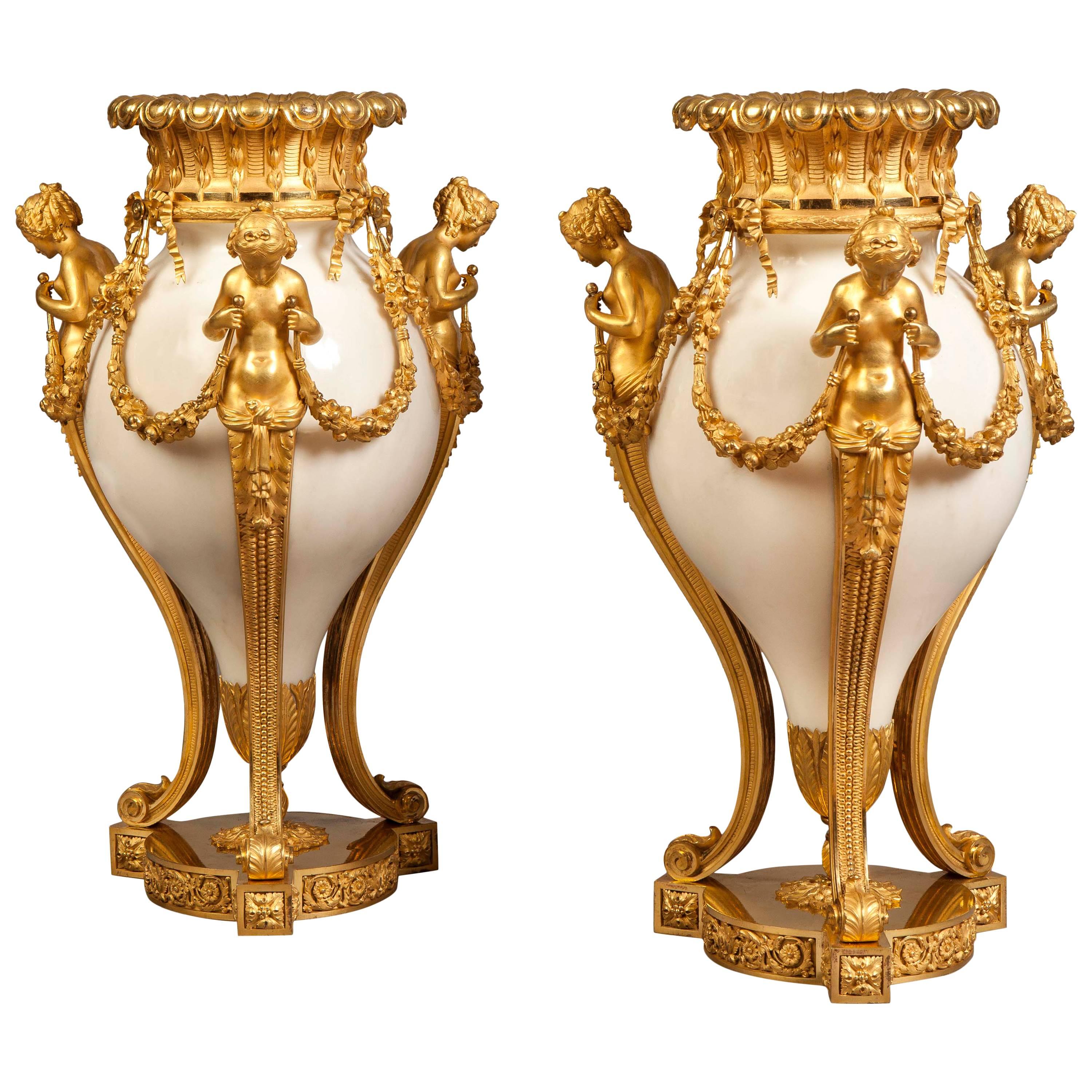 Pair of French Large Ormolu and White Marble Urns, 19th Century
