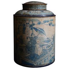 Antique French Tole Blue and White Chinoiserie Tea Canister