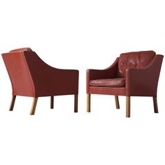 Vintage Børge Mogensen Pair of Armchairs in Red Leather