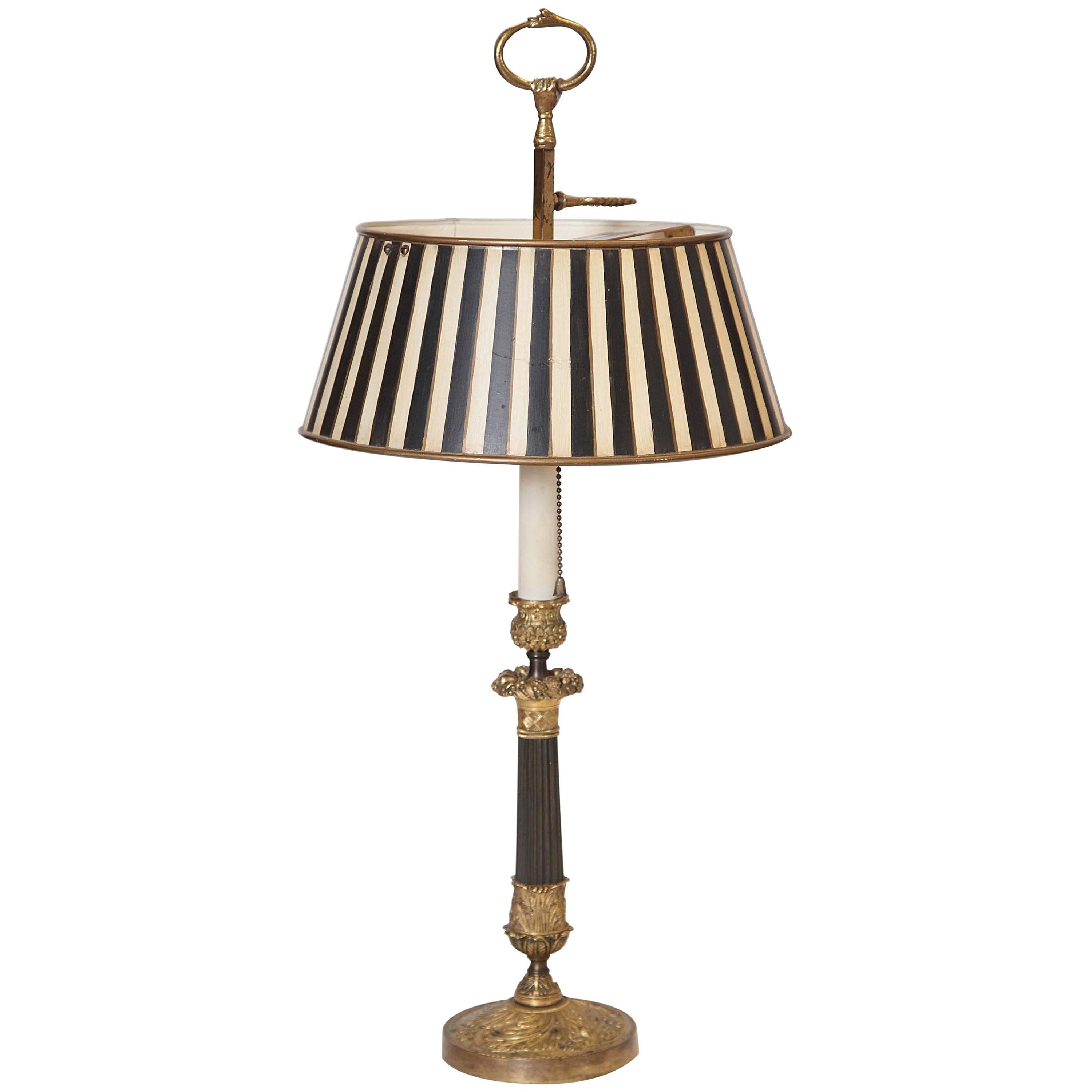 French Charles X Bronze Column Lamp with Tole Shade