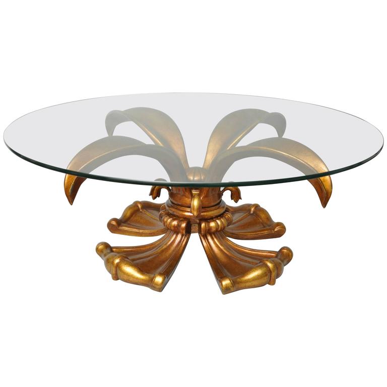 Vintage Hollywood Regency Gold Lotus Lily Round Coffee Table For Vintage Hollywood Regency Gold Lotus Lily Round Coffee Table For