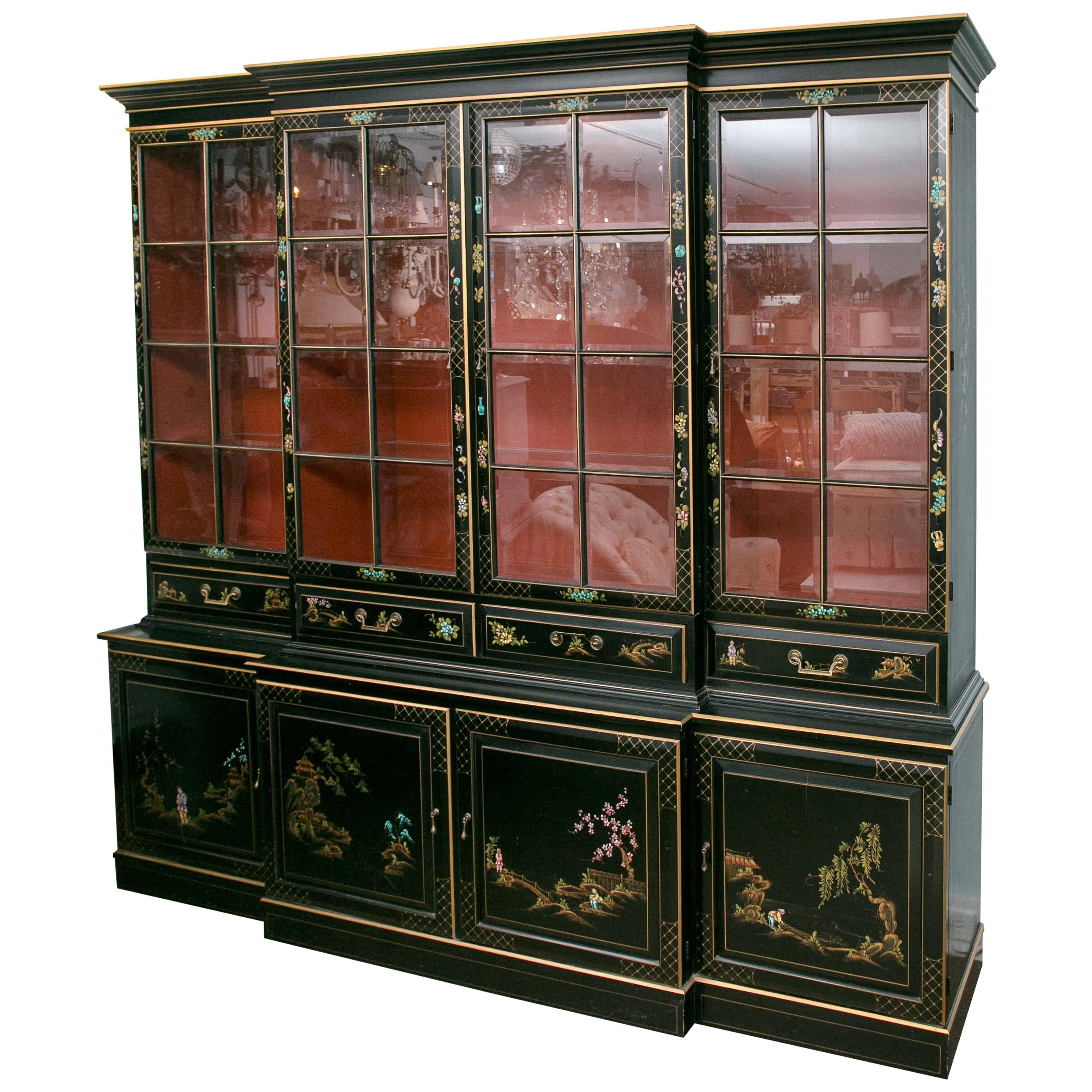 George III Style Chinoiserie Decorated Black Japanned Breakfront/Bookcase