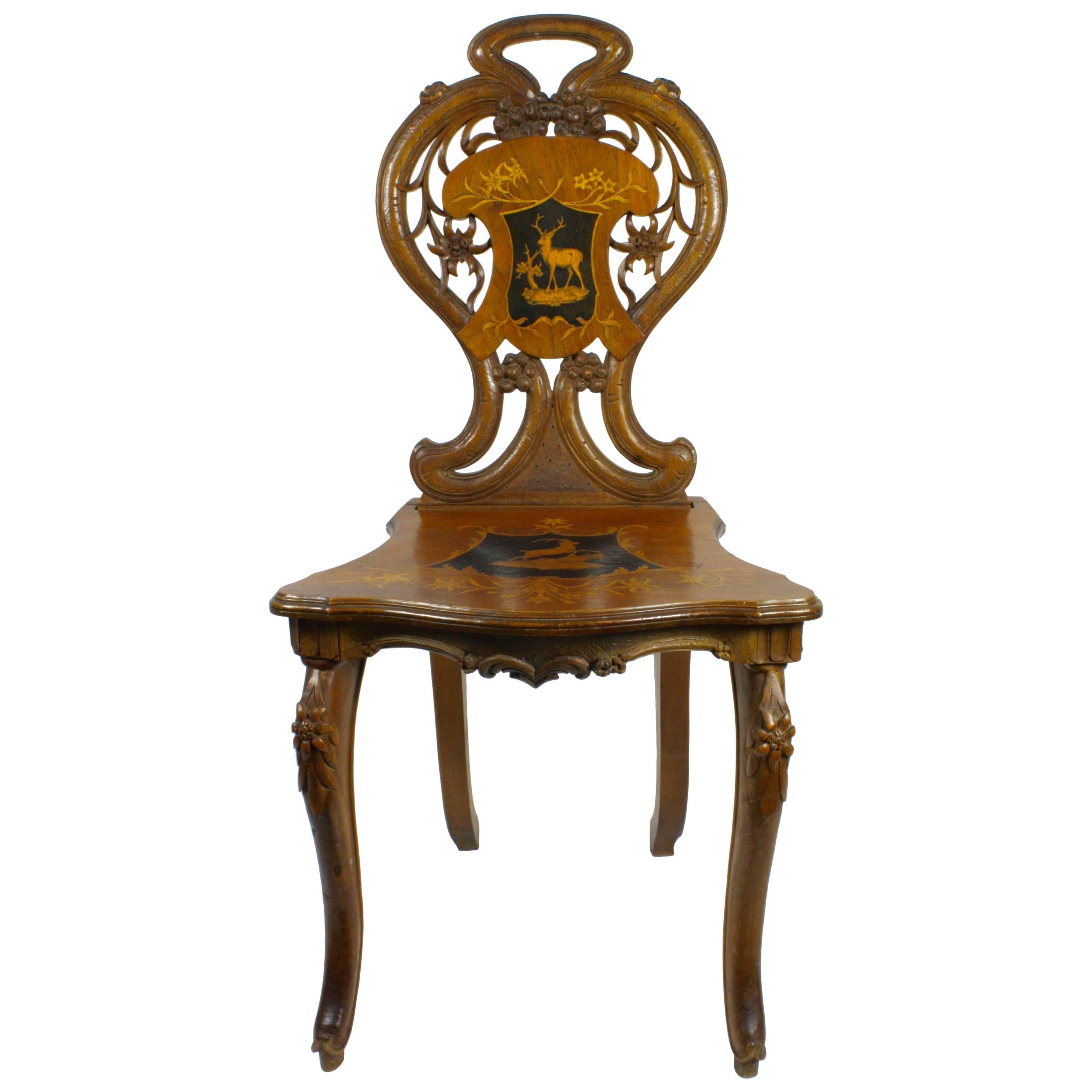Brienz Walnut Chair with Inlaid Seat and Back, circa 1900 