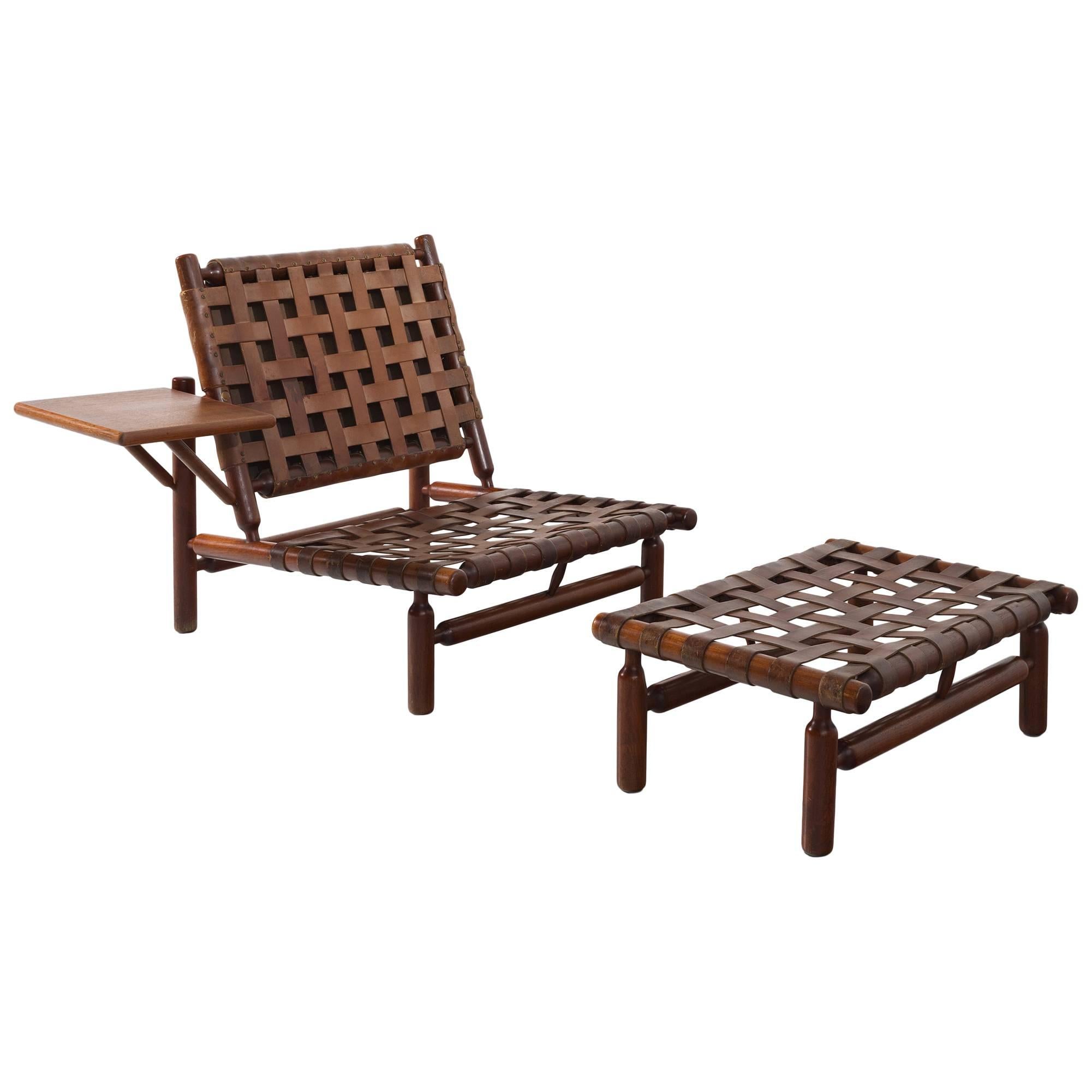Ilmari Tapiovaara Rare Leather Strap Lounge Chair and Ottoman